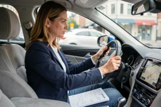 Conductrice consultant des documents d'assurance automobile dans l'habitacle de sa voiture