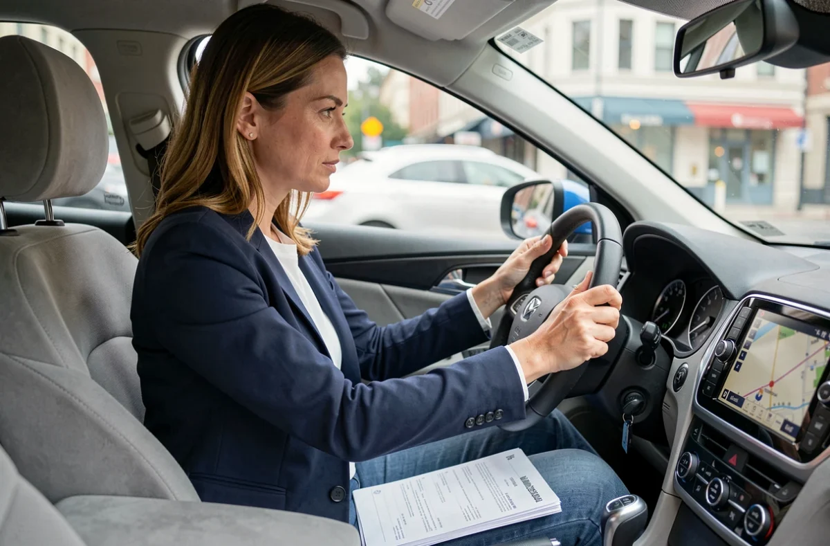 Conductrice consultant des documents d'assurance automobile dans l'habitacle de sa voiture