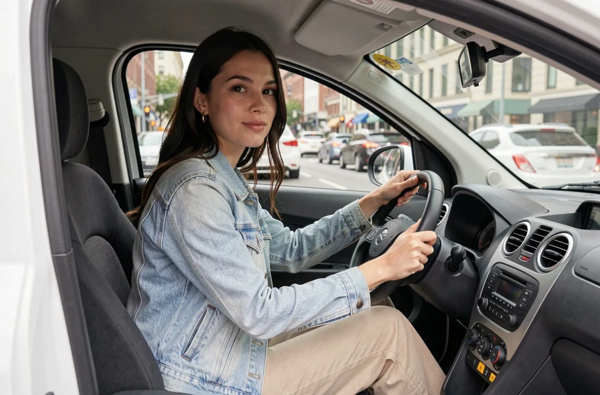 Jeune femme au volant d'une voiture sans permis avec une expression détendue et confiante