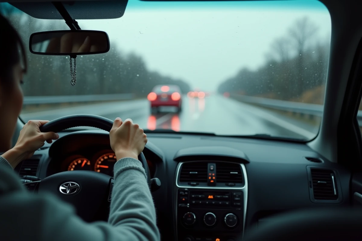 Vue intérieure d'une voiture sur autoroute mouillée avec conductrice tendue illustrant le danger des pneus avant usés