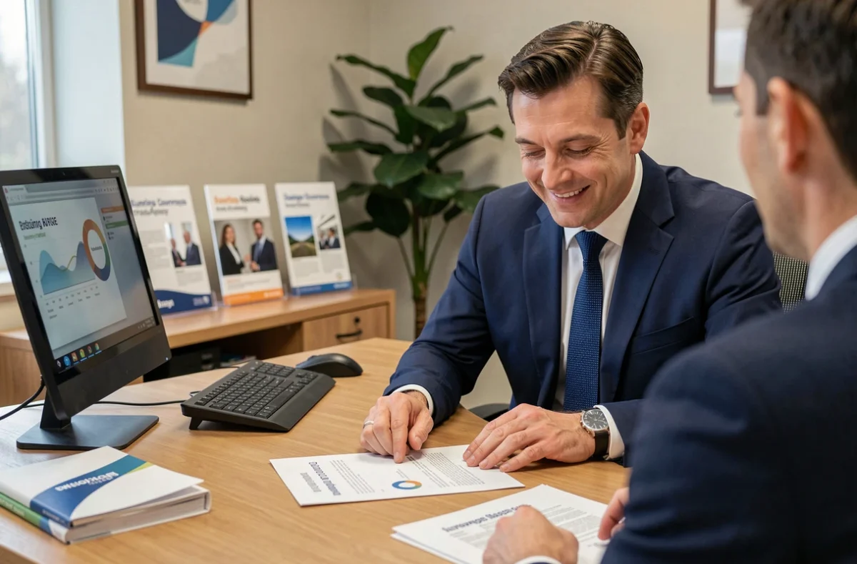 Conseiller en assurance expliquant les démarches de résiliation et de changement d'assurance voiture à un client