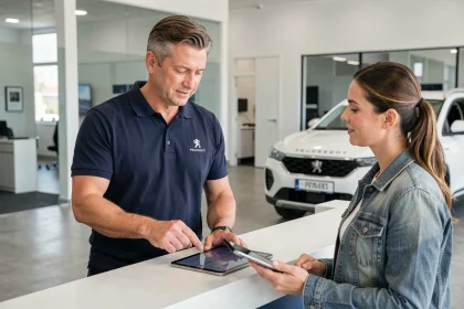 Conseiller SAV Peugeot en concession locale expliquant les options de service à une cliente sur une tablette numérique