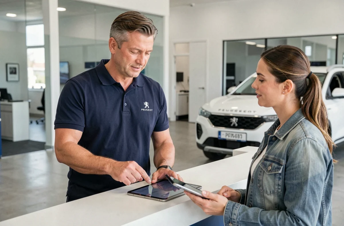 Conseiller SAV Peugeot en concession locale expliquant les options de service à une cliente sur une tablette numérique