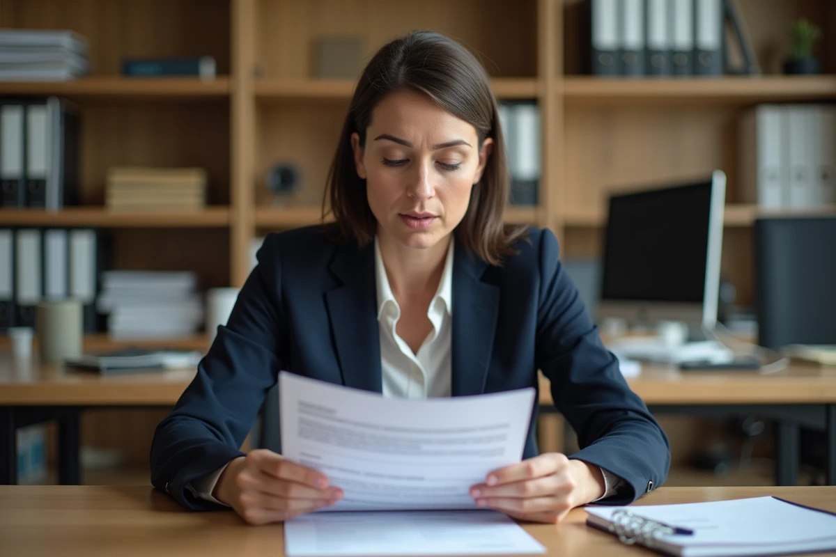 Femme consultant un document officiel relatif au casier judiciaire bulletin numéro 2 dans un bureau administratif