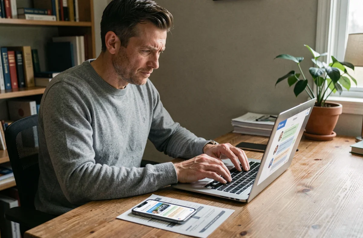 Homme contactant le service après-vente Peugeot France en ligne depuis son bureau à domicile avec un ordinateur portable et une facture de service