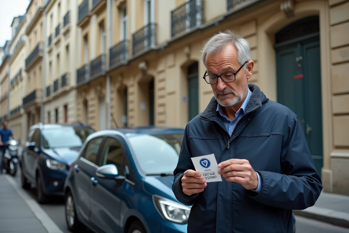 Homme examinant une vignette Crit'Air devant sa voiture dans une rue parisienne
