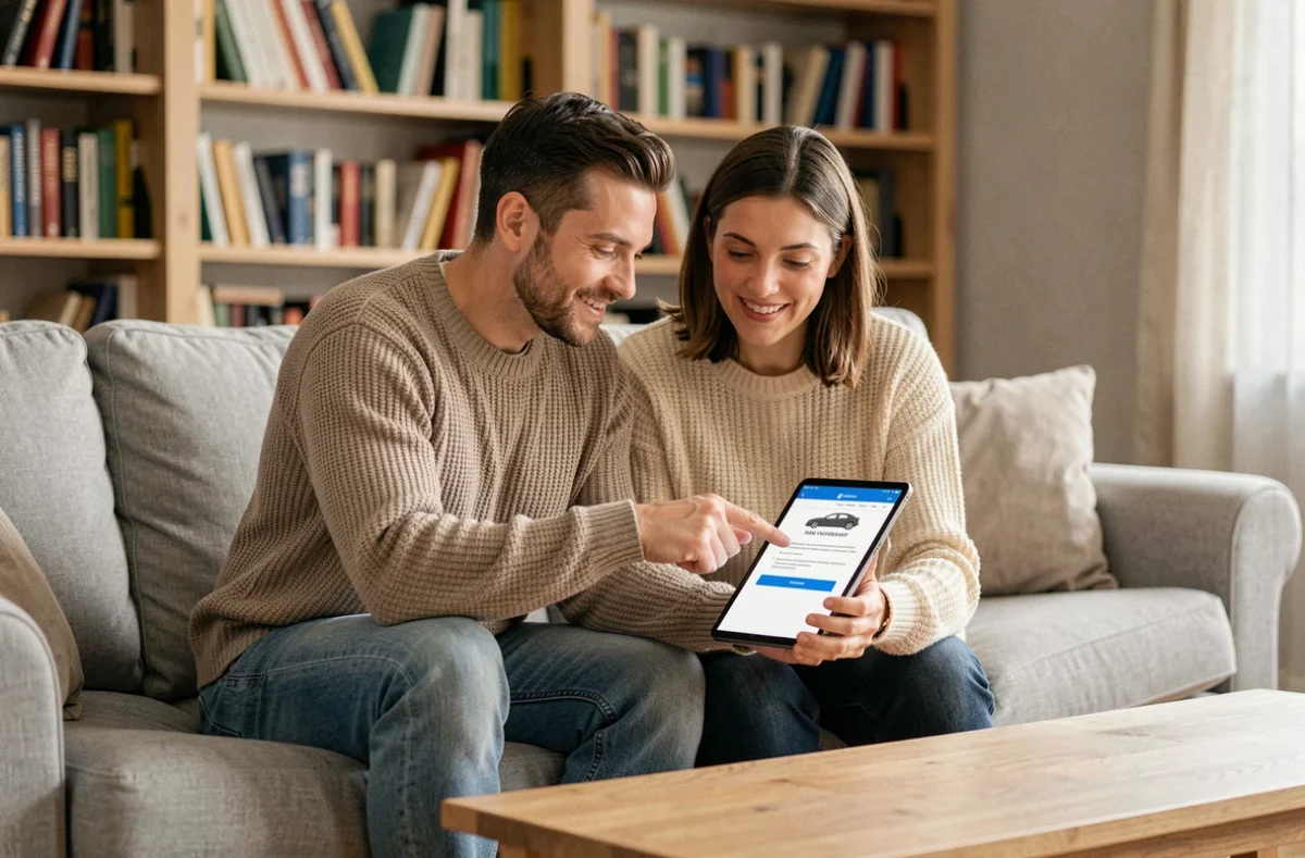Couple souscrivant ensemble une assurance auto en ligne sur tablette dans leur salon