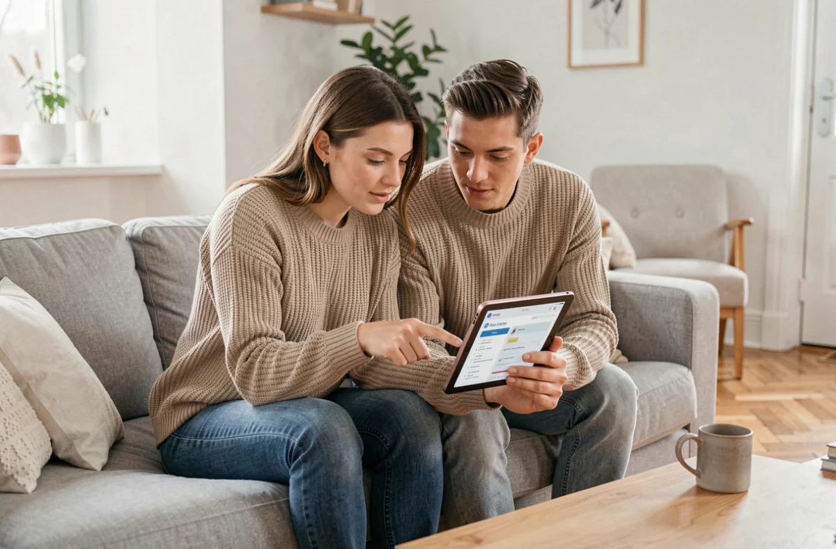 Couple comparant des devis d'assurance auto sur une tablette dans leur salon moderne