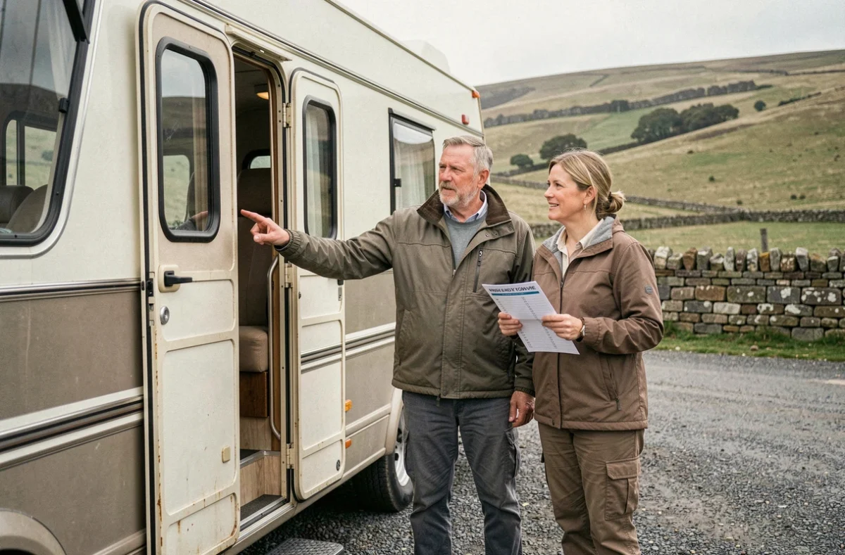 Un couple évalue un camping-car poids lourd d'occasion à l'arrêt dans un cadre rural, symbolisant la réflexion autour de la rentabilité d'un investissement en véhicule de loisirs