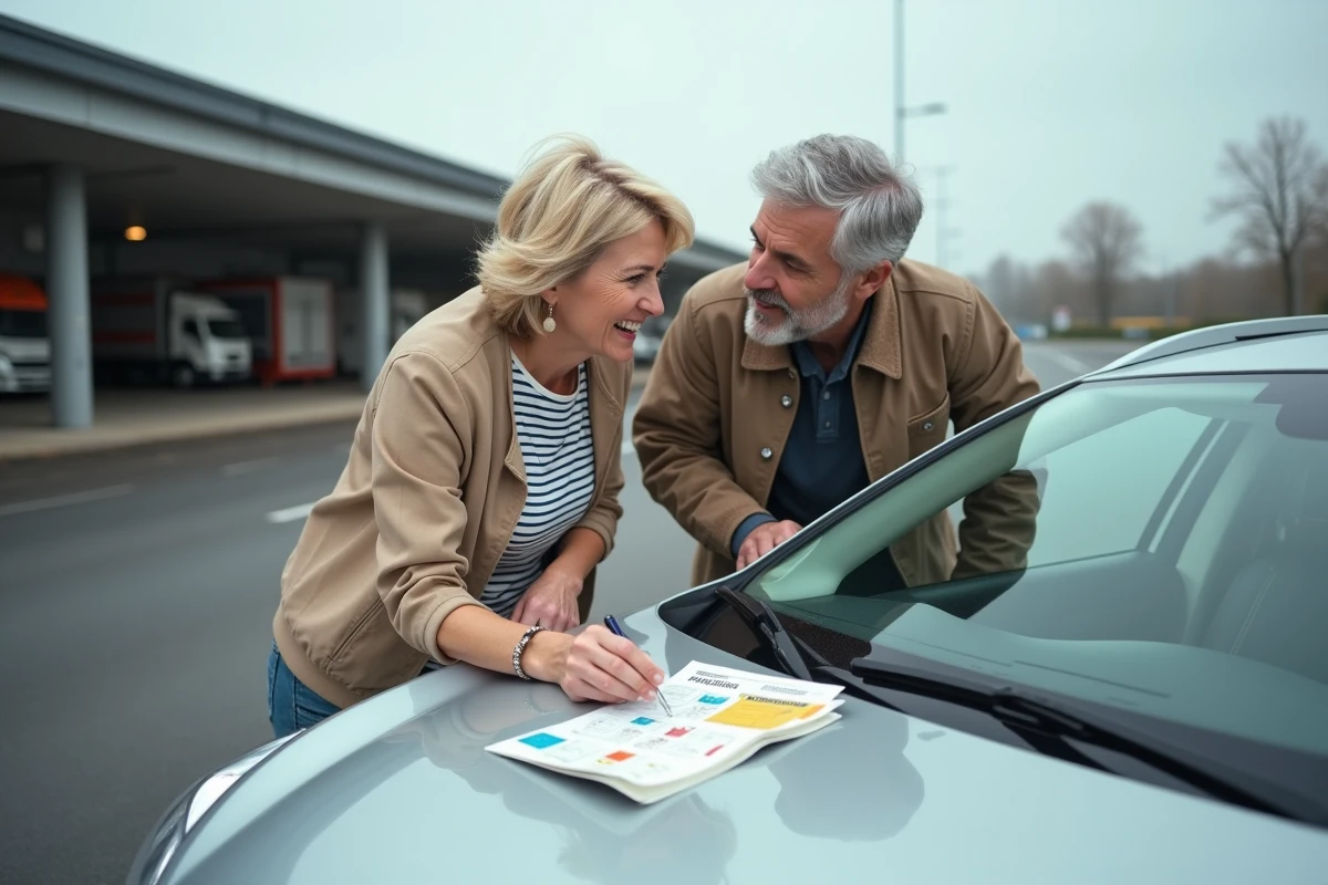 Couple consultant une carte autoroute et un guide de trajet sur le capot de leur voiture dans une aire de service en France