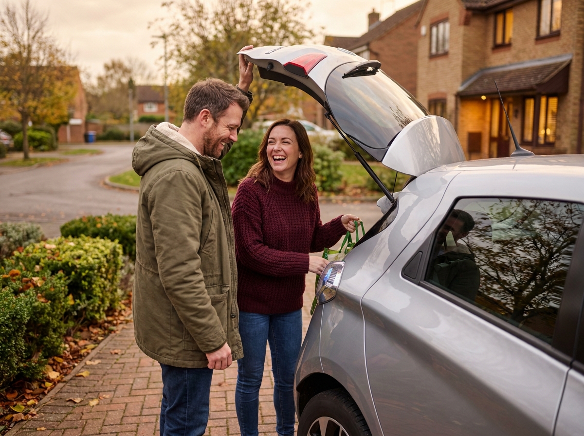 Couple chargeant des courses dans un SUV électrique en leasing devant leur maison