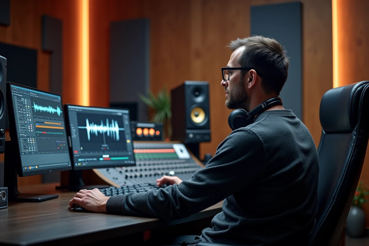 Designer sonore travaillant sur l'identité sonore de marque Peugeot dans un studio d'enregistrement professionnel