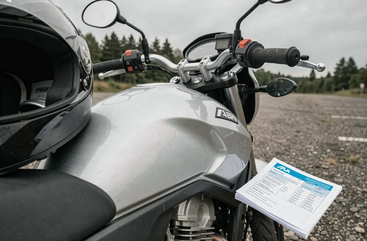 Gros plan sur une moto A2 avec un document d'assurance posé sur la selle dans un parking en gravier