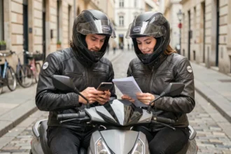 Deux conducteurs de scooter consultant leur assurance sur smartphone en milieu urbain