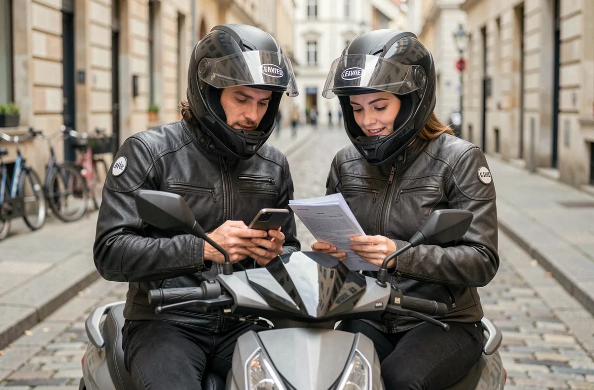 Deux conducteurs de scooter consultant leur assurance sur smartphone en milieu urbain