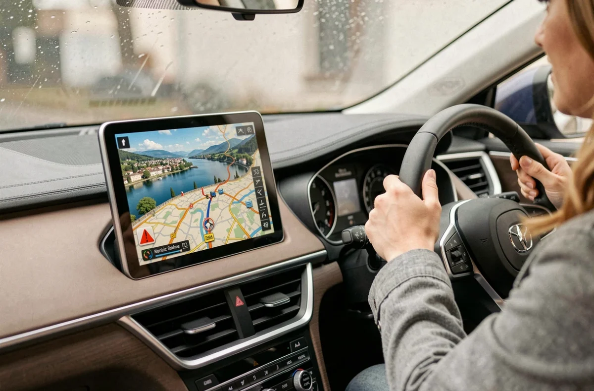 Écran GPS affichant une déviation sur la Route de Thonon suite à des travaux de voirie en Haute-Savoie