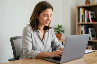 Femme obtenant un devis assurance auto en ligne sur son ordinateur portable dans un bureau à domicile
