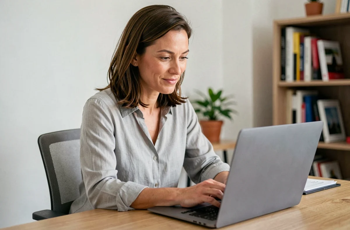Femme obtenant un devis assurance auto en ligne sur son ordinateur portable dans un bureau à domicile