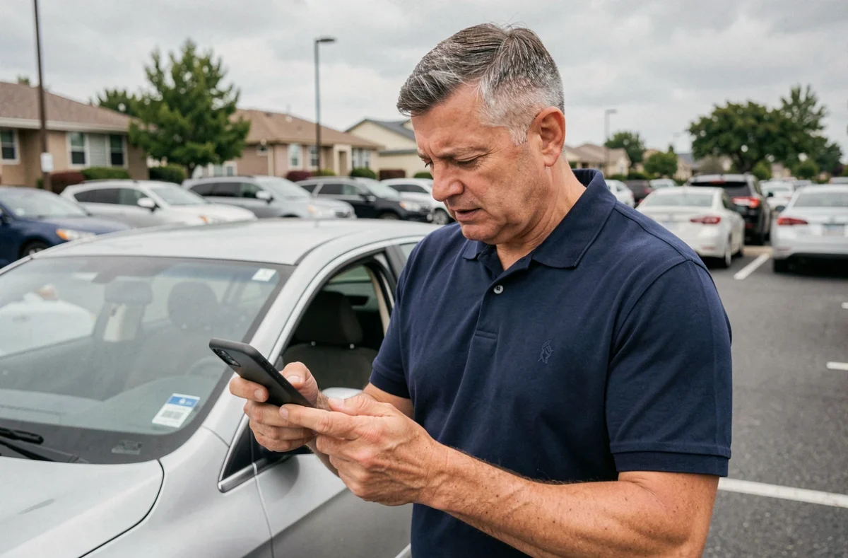 Homme consultant un devis assurance auto sur smartphone à côté de sa voiture dans un parking urbain