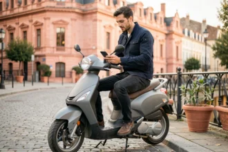 Jeune homme sur un scooter gris dans une rue de Toulouse consultant son téléphone pour un devis d'assurance scooter