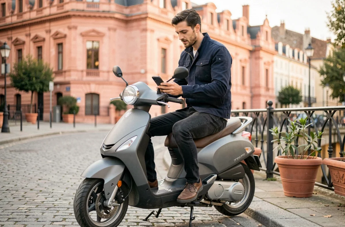 Jeune homme sur un scooter gris dans une rue de Toulouse consultant son téléphone pour un devis d'assurance scooter
