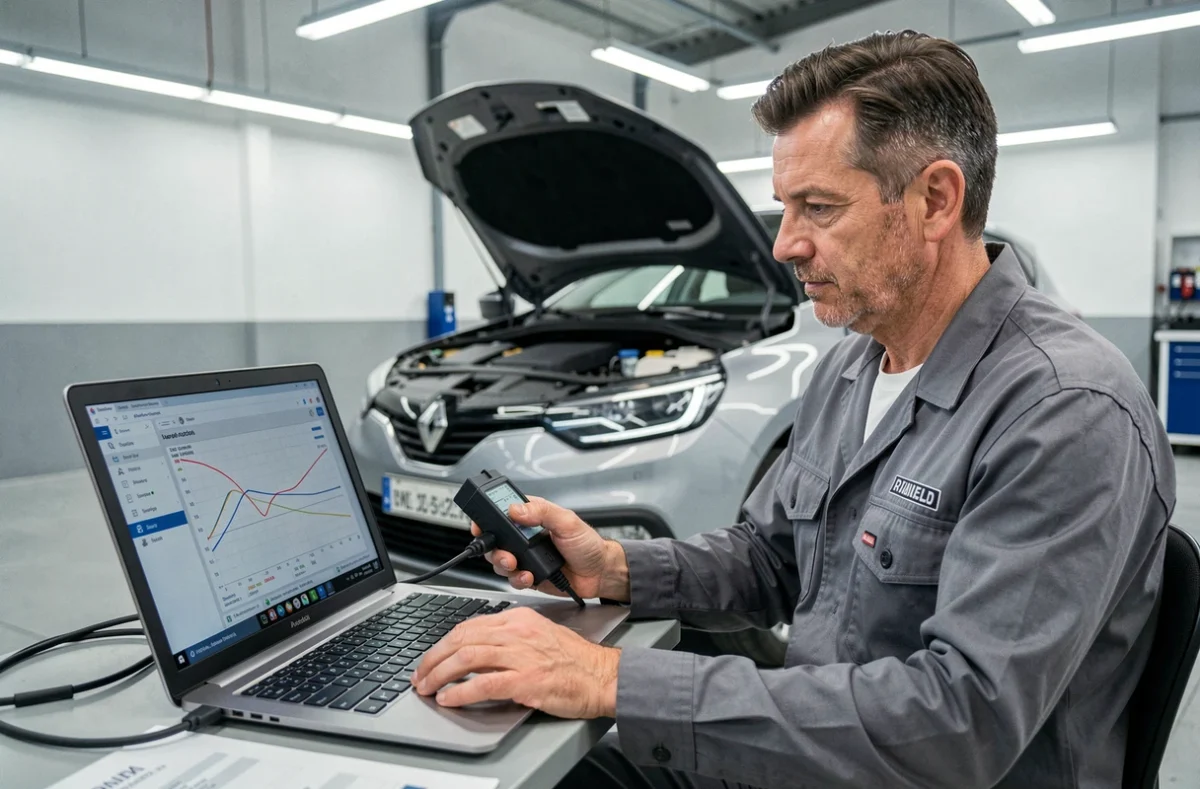 Technicien automobile effectuant un diagnostic électronique des injecteurs sur un véhicule Renault avec interface OBD