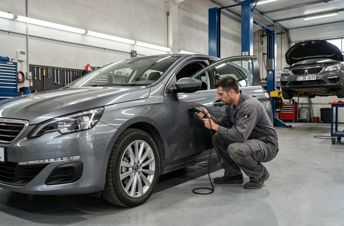 Mécanicien professionnel effectuant un diagnostic électronique sur une Peugeot 308 dans un atelier de concession agréée