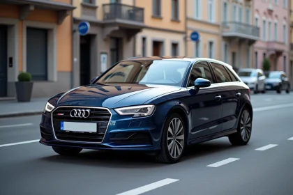 Vue extérieure trois quarts avant de l'Audi A3 Sportback en milieu urbain, illustrant ses dimensions compactes et son design sportif
