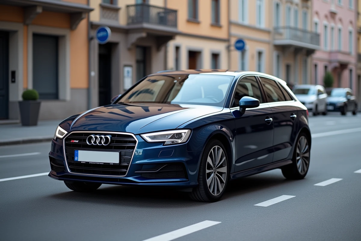 Vue extérieure trois quarts avant de l'Audi A3 Sportback en milieu urbain, illustrant ses dimensions compactes et son design sportif
