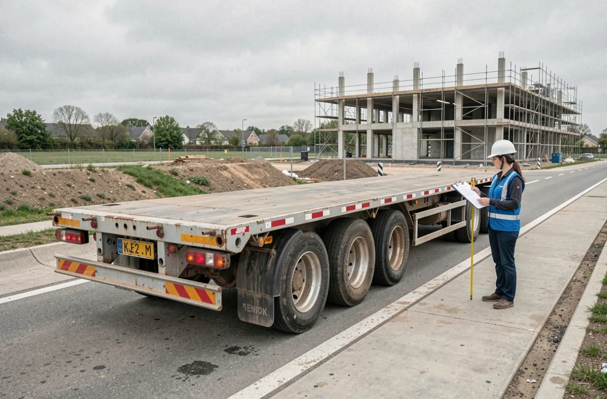 Vue arrière d'une semi-remorque plateau 44 tonnes vide avec essieux multiples et marquages réglementaires sur route d'accès chantier