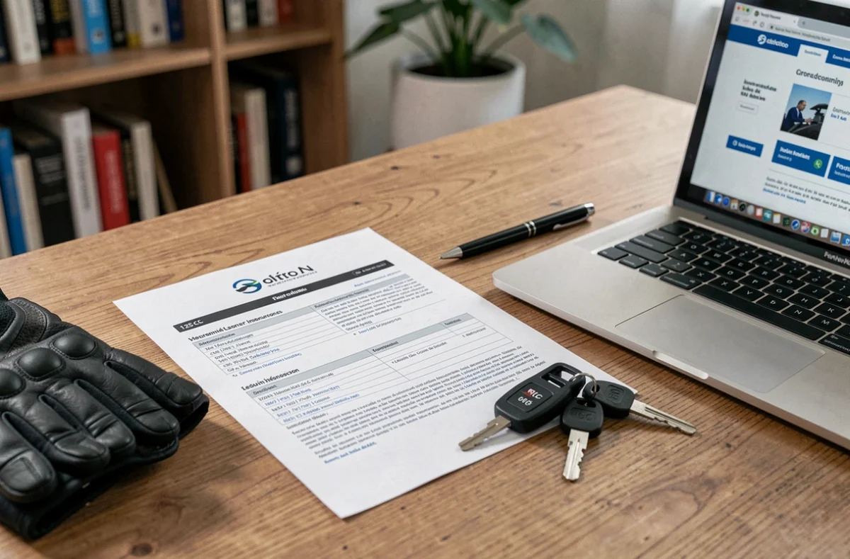 Documents d'assurance scooter 125 posés sur un bureau avec clés et gants de moto, comparaison de tarifs en ligne