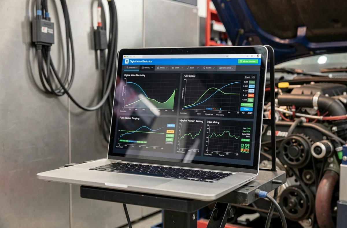 Écran de logiciel DME affichant les paramètres clés du moteur en temps réel dans un garage de tuning moderne