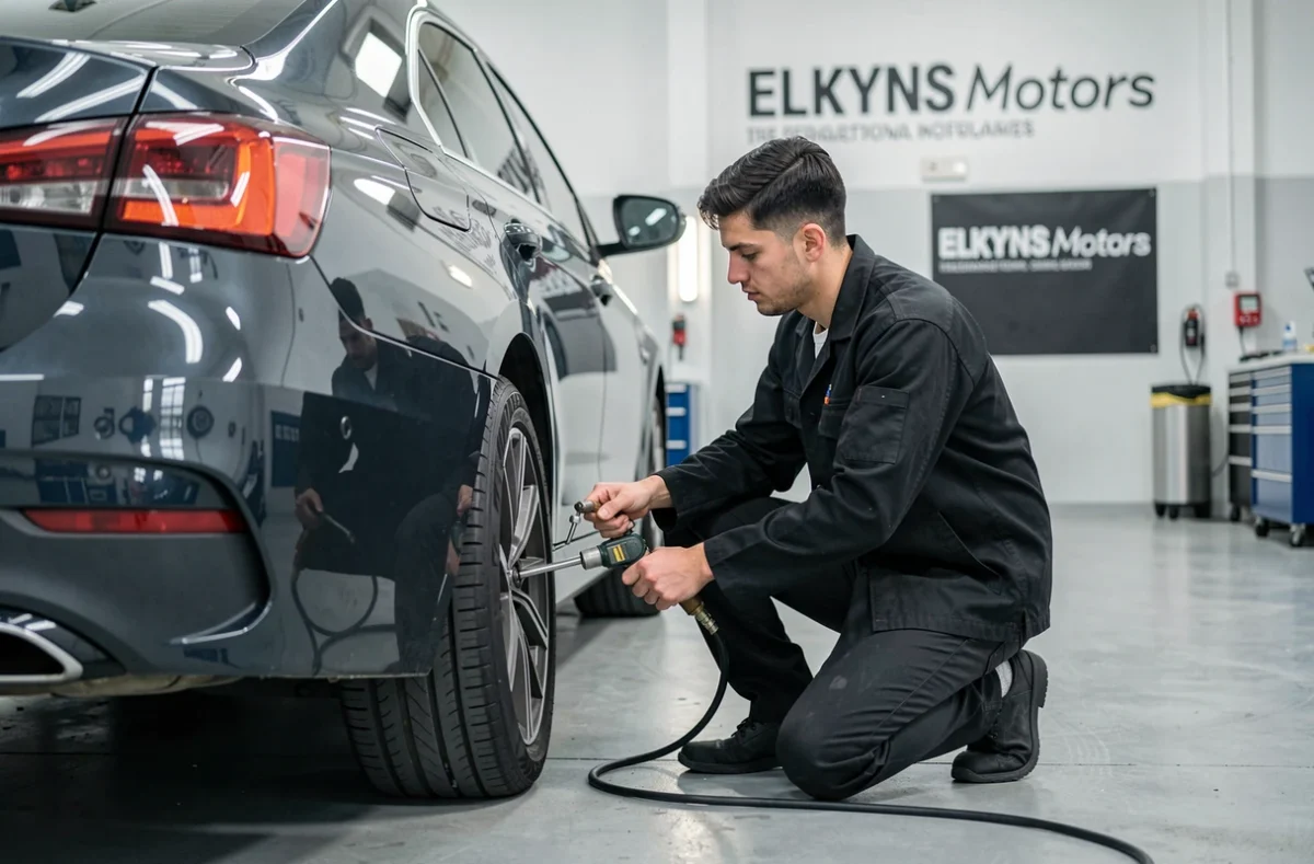 Jeune mécanicien changeant un pneu sur une berline dans le garage Elkyns Motors à Paris