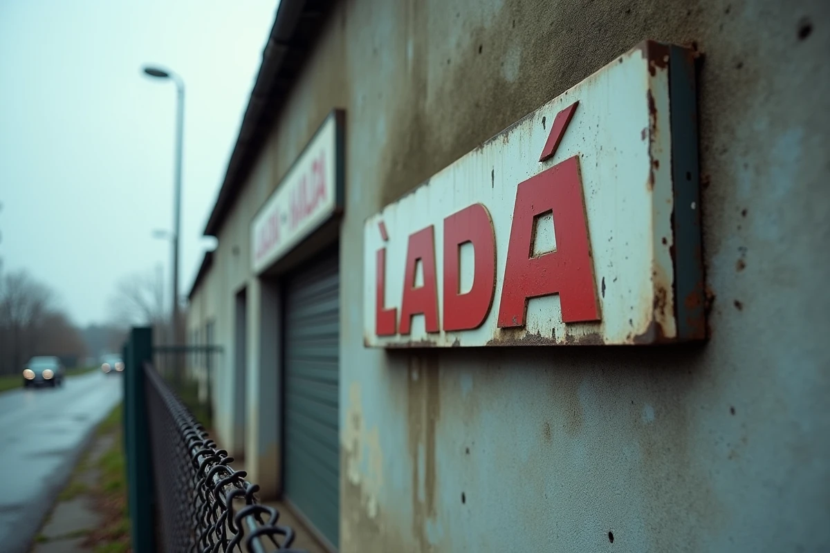 Enseigne d'un concessionnaire LADA partiellement démontée sur une façade commerciale française, témoignant du retrait officiel de la marque en France