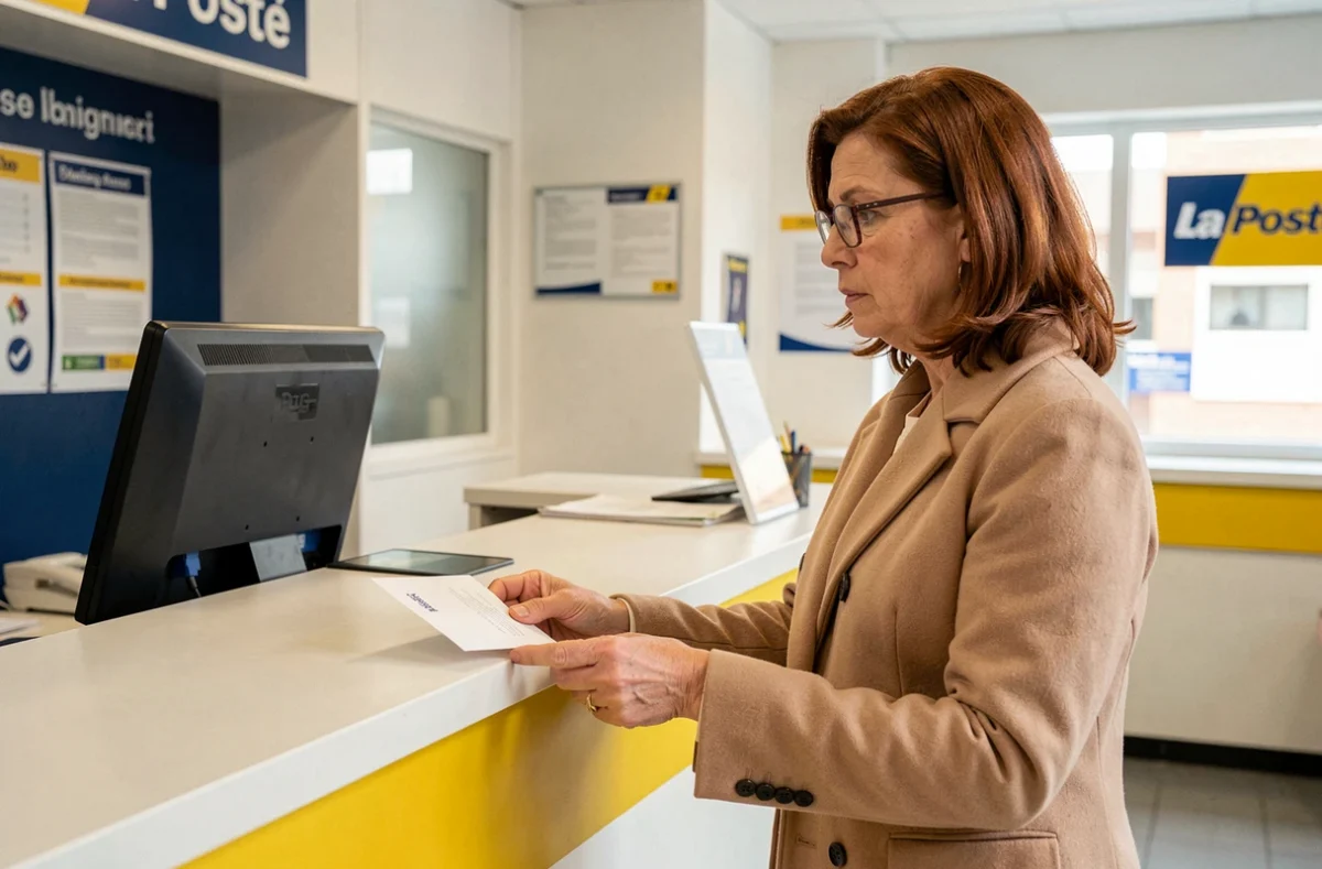 Femme envoyant une lettre recommandée de résiliation d'assurance auto à La Poste