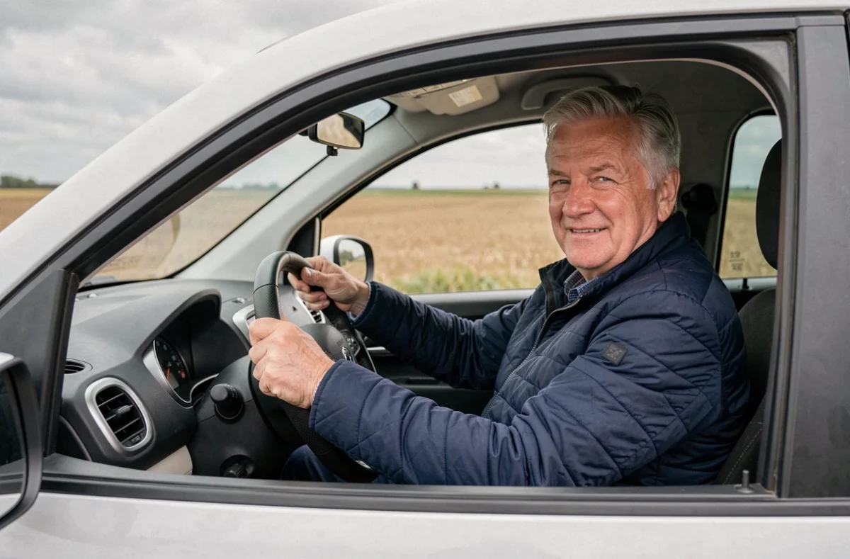 Homme senior en train d'essayer une voiture sans permis d'occasion sur une route rurale dans l'Oise