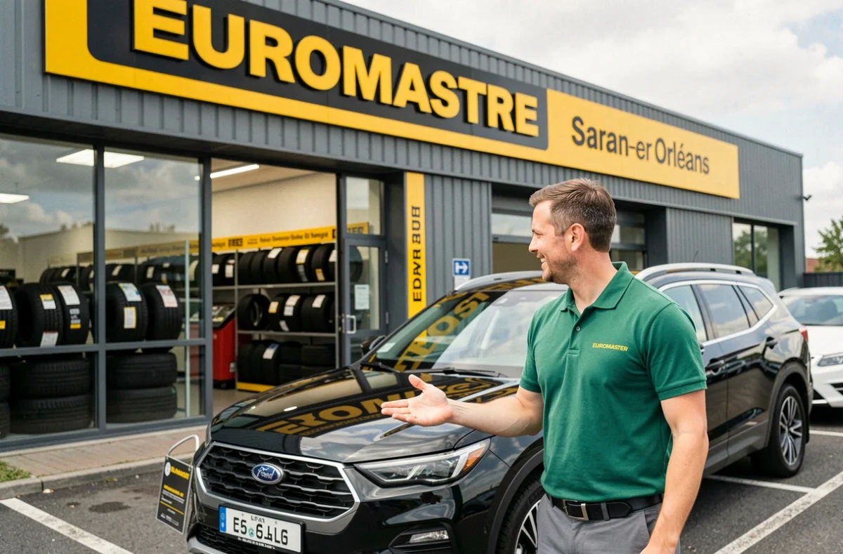Conseiller Euromaster Orléans Saran accueillant une cliente dans le parking du centre auto avec signalétique de la marque visible