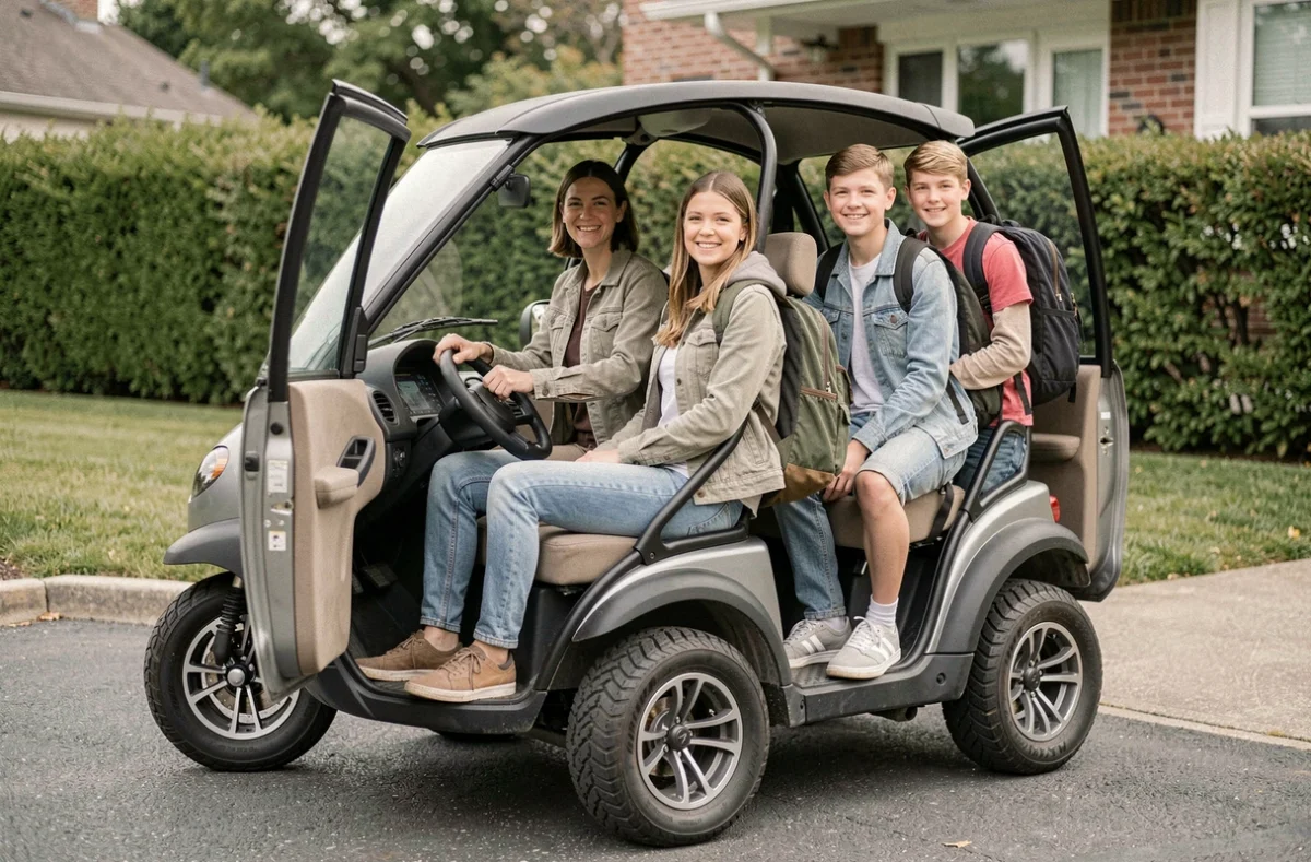 Famille de quatre personnes montant dans un quadricycle lourd, alternative crédible à la voiture familiale