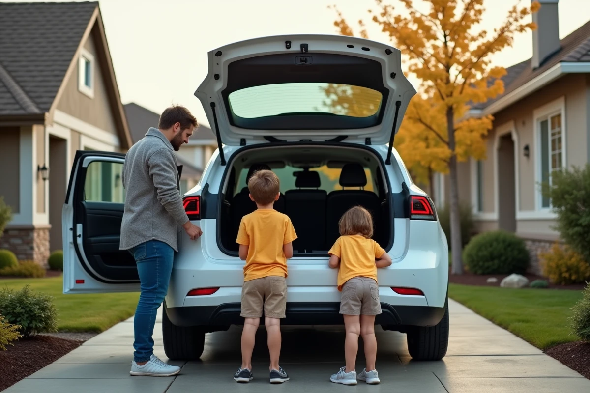 Famille avec voiture électrique dans la cour