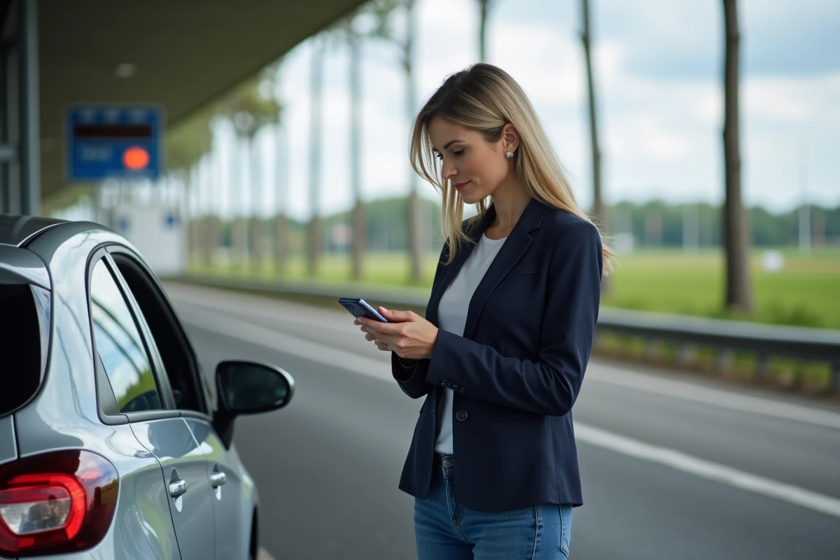 Femme consultant son téléphone à une aire d'autoroute française pour planifier un trajet domicile-travail