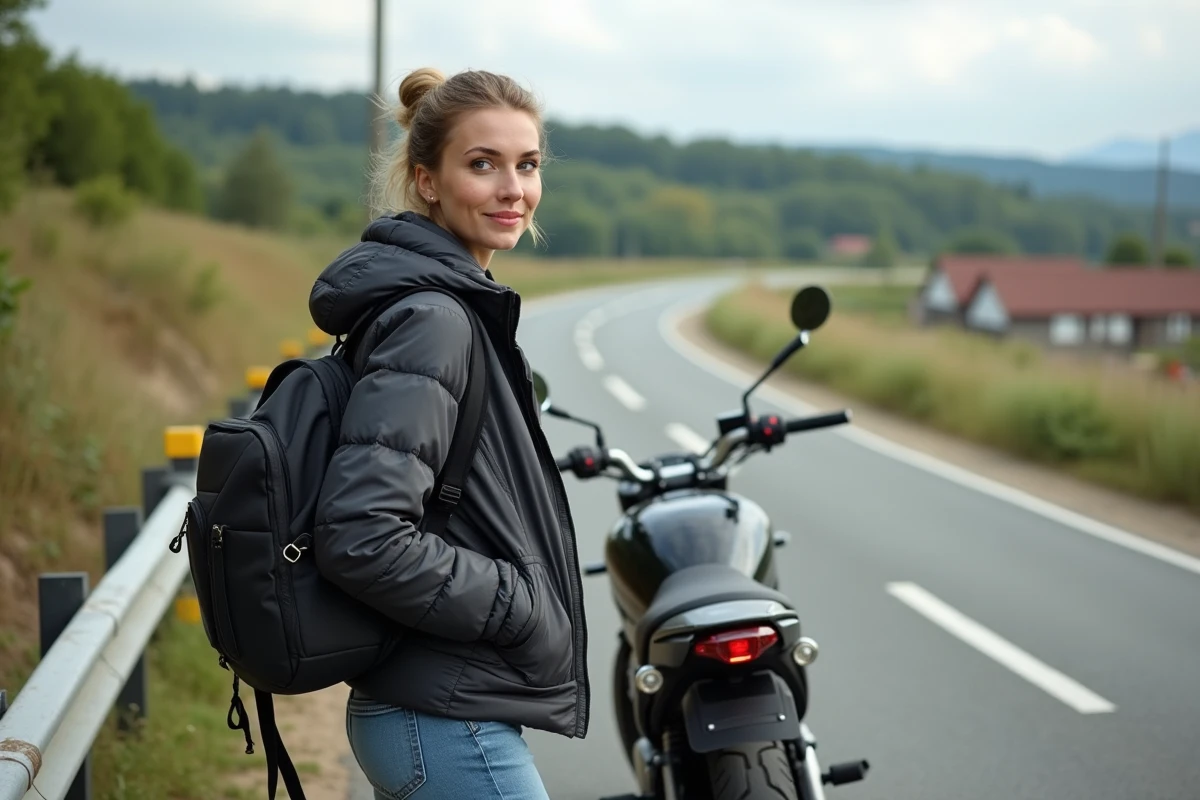 Femme avec moto stationnée près d