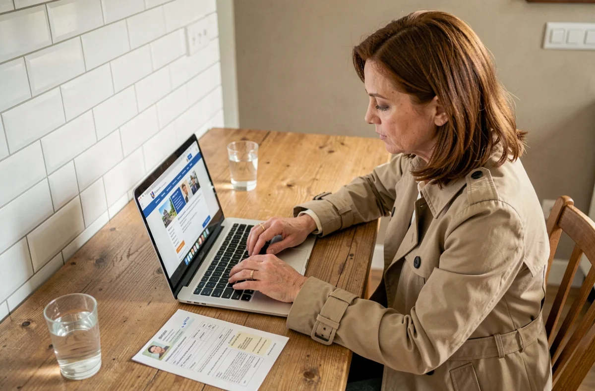 Femme effectuant un changement de nom sur carte grise en ligne depuis son domicile avec ses documents officiels
