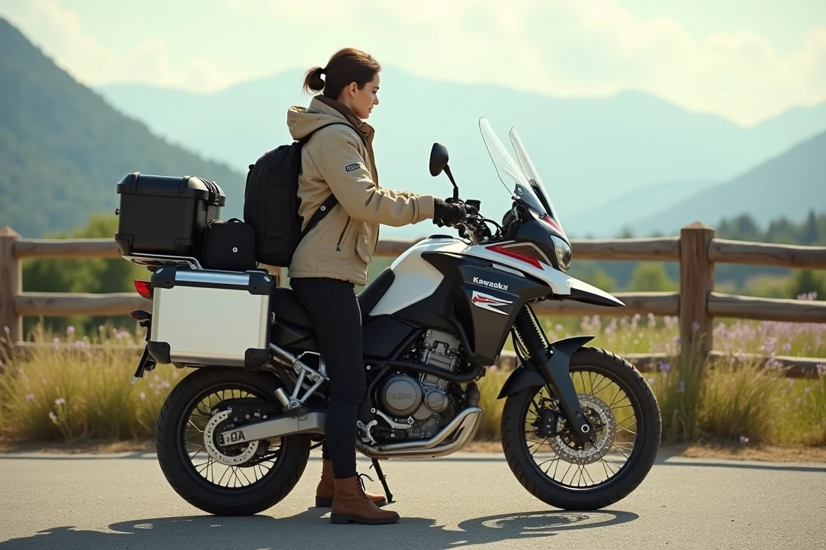 Femme préparant ses bagages sur une Kawasaki GTR en pause