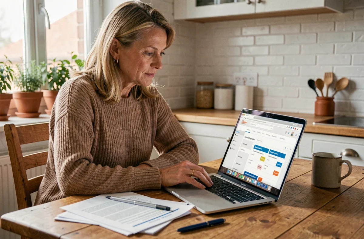 Femme comparant des offres d'assurance quad en ligne depuis son domicile sur un ordinateur portable
