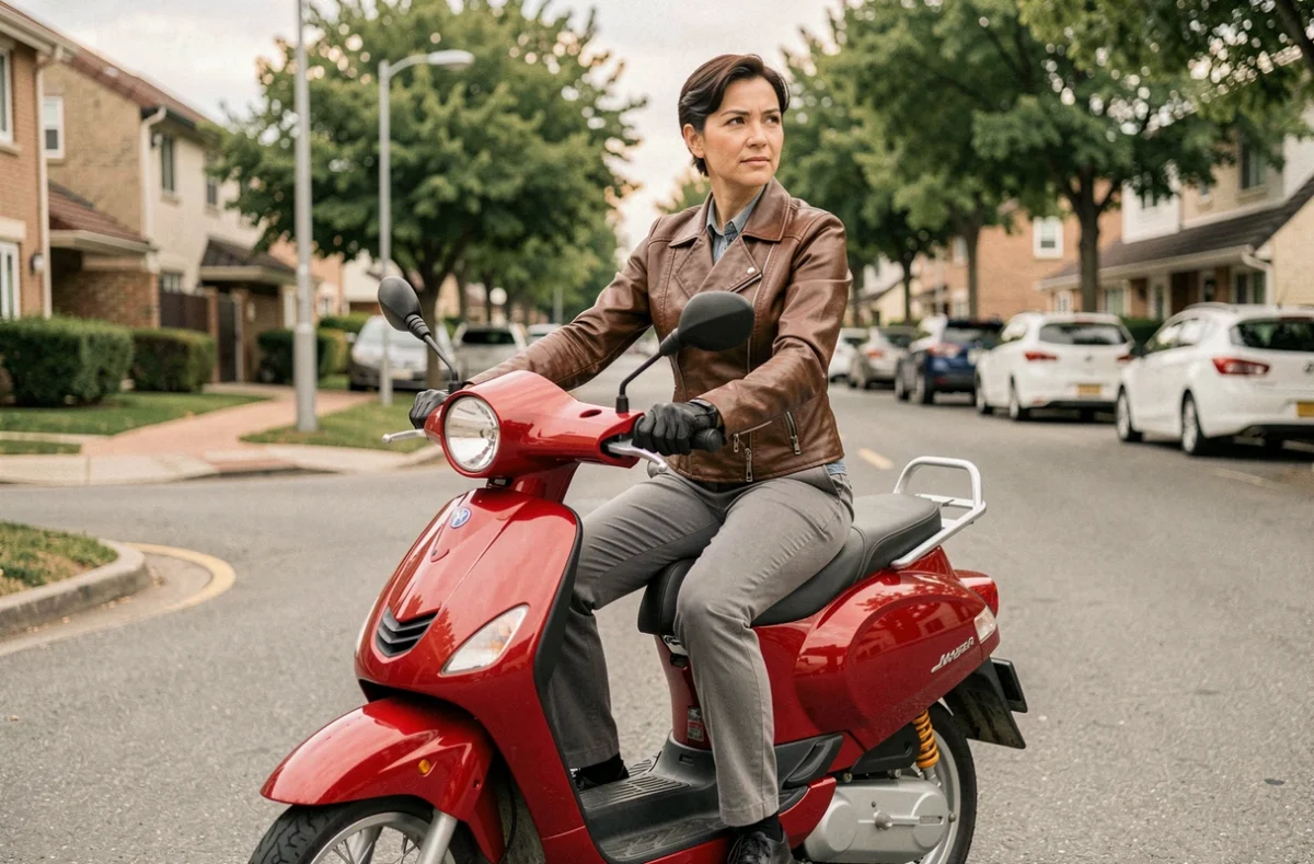 Femme conductrice sur un scooter 125 rouge en zone périurbaine, profil assurance deux-roues
