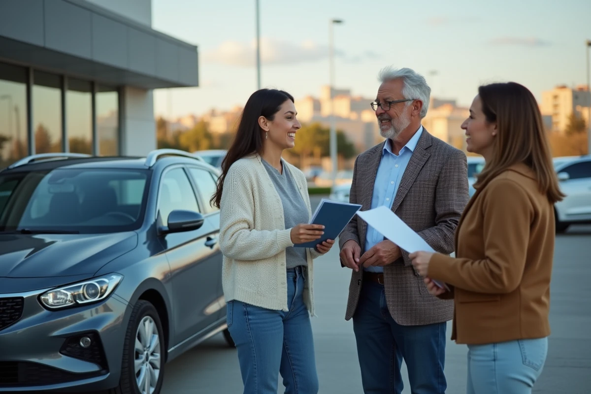 Femme expliquant leasing à un couple devant une voiture
