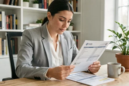 Femme consultant sa carte grise à son bureau pour un changement de nom suite à un changement d'état civil