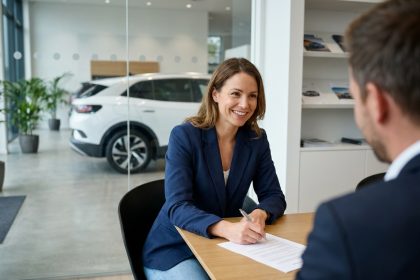 Femme signant un contrat de leasing pour une voiture électrique dans une concession moderne