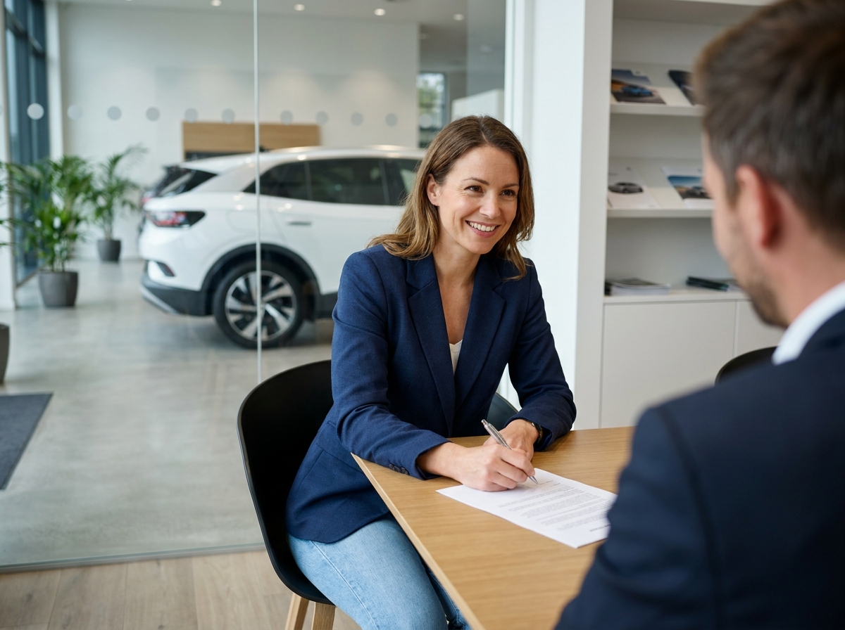 Femme signant un contrat de leasing pour une voiture électrique dans une concession moderne