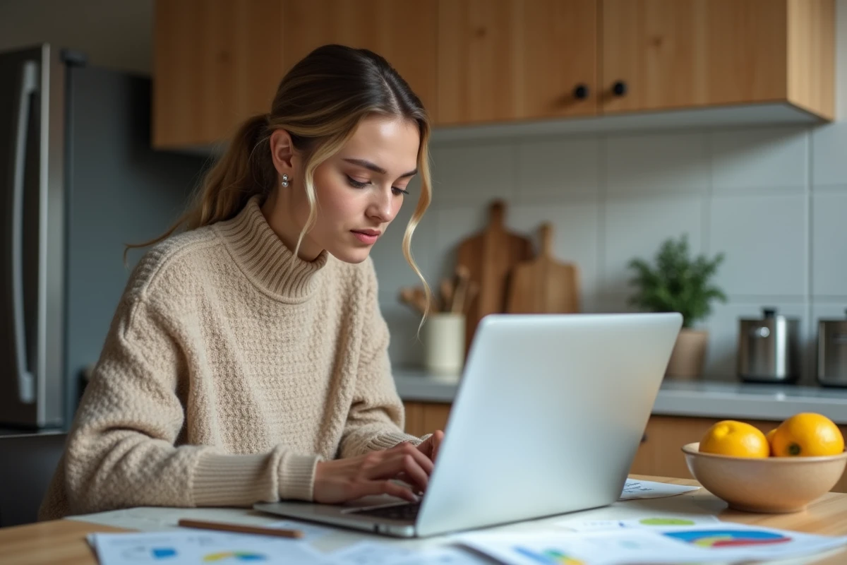 Jeune femme concentrée à son ordinateur dans une cuisine moderne